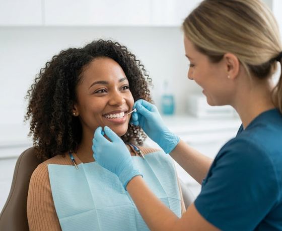 Dentist performing a routine check-up on a smiling patient