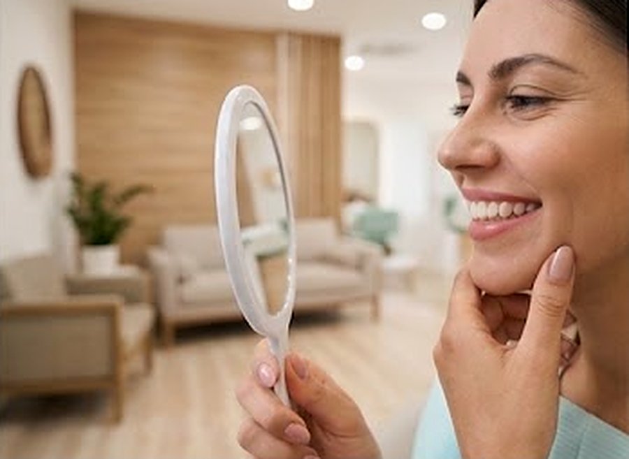 Smiling woman checking her teeth with a hand mirror