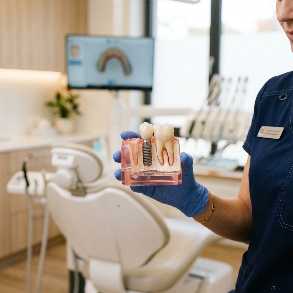 Dental implant model showing titanium screw root and realistic tooth crown