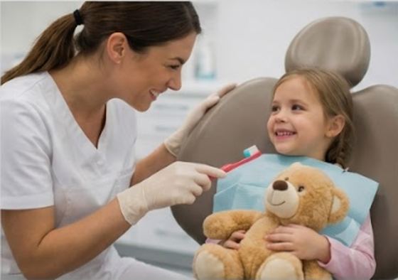 Dentist helping a smiling young girl with a toothbrush and teddy bear