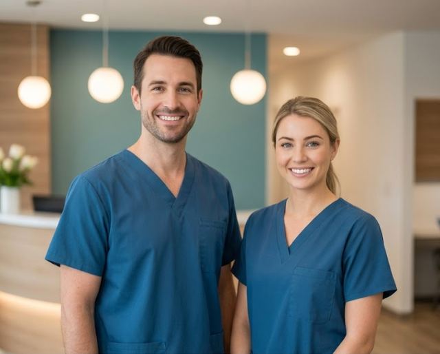 Two smiling PearlDent clinical team members in the reception area